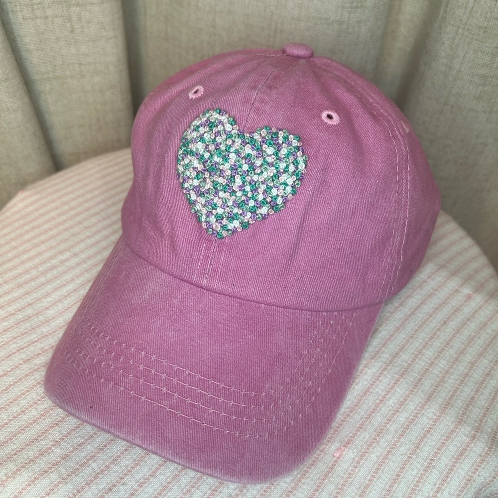 Hand Embroidered Pink Heart Hat